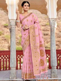 Odette - Womens Pink Linen Woven Design Saree with Unstitched Blouse