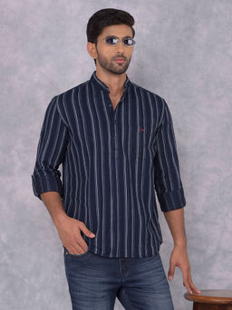 CRIMSOUNE CLUB - Men's Navy Blue Vertical Stripes Cotton Kurta