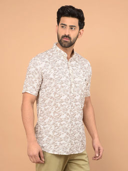 CRIMSOUNE CLUB - Men's Beige Floral Print Linen Kurta