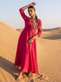 Globus - Women Magenta V-Neck Sequin Embroidery Flare Dress