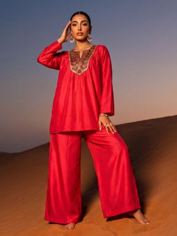 Globus - Pink Embroidered Round Neck Co-ord Set