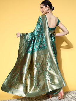 Odette - Silk Blend Teal Green Woven Design Saree with Unstitched Blouse
