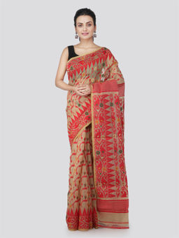 PinkLoom - Womens Cotton Saree with Unstitched Blouse-Beige