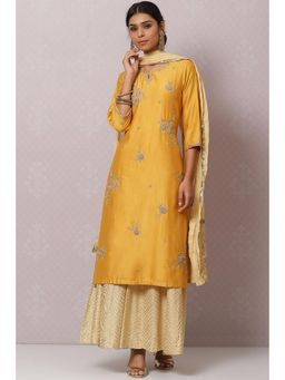 Biba - Mustard Cotton Silk Straight Suit Set (Set of 3)
