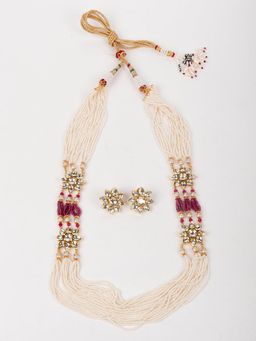Odette - Multi String White Beaded With Kundan Work Necklace Set