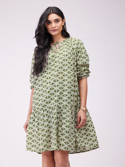 Pink Fort - Olive Cotton Geometric Tie-Up Dress