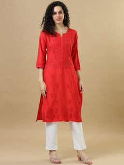 Hassu's - Women Red Full Sleeves Chanderi Chikankari Regular Fit Kurta