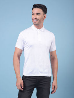 CRIMSOUNE CLUB - Men White Jacquard 100% Cotton Polo Neck T-Shirt