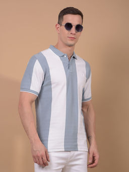 CRIMSOUNE CLUB - Men Blue Vertical Stripes 100% Cotton Polo Neck T-Shirt