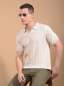 CRIMSOUNE CLUB - Men Beige Vertical Stripes Polo Neck T-Shirt