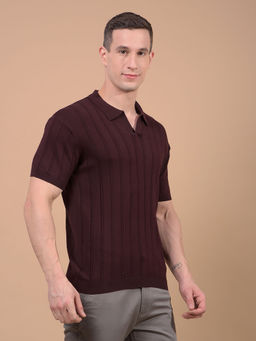 CRIMSOUNE CLUB - Men Wine Vertical Stripes Polo Neck T-Shirt