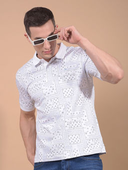 CRIMSOUNE CLUB - Men Blue Printed 100% Cotton Polo Neck T-Shirt