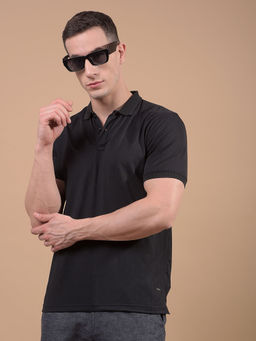 CRIMSOUNE CLUB - Men Black Jacquard Polo Neck T-Shirt