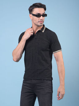 CRIMSOUNE CLUB - Men Black Jacquard Polo Neck T-Shirt