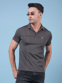 CRIMSOUNE CLUB - Men Grey Printed Polo Neck T-Shirt