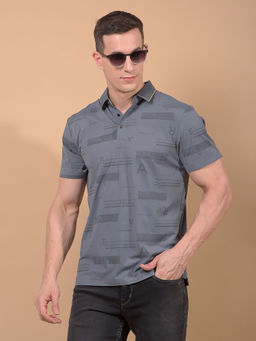 CRIMSOUNE CLUB - Men Grey Typographic Print Polo Neck T-Shirt