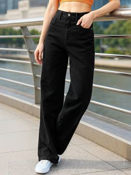 Bewakoof - Women's Jet Black Washed Baggy Straight Fit Jeans