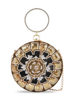 Anekaant - Gala Black and Gold Floral Embroidered Faux Silk Clutch