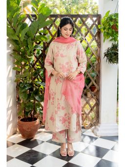 SIARA WOMEN - Pink Linen Embroidered Kurta and Pant with Dupatta