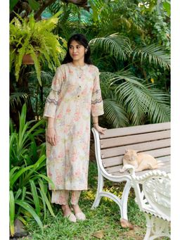 SIARA WOMEN - Beige Linen Floral Kurta and Pant
