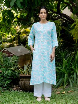 SIARA WOMEN - Blue Linen Printed Kurta and Pant