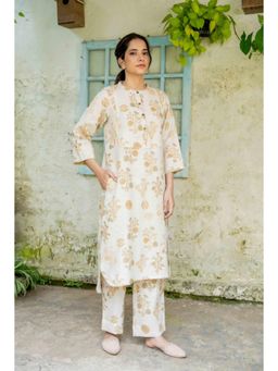 SIARA WOMEN - Beige Linen Floral Kurta and Pant