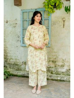 SIARA WOMEN - Yellow Linen Floral Kurta and Pant