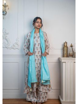 SIARA WOMEN - Beige Linen Floral Kurta and Pant with Dupatta