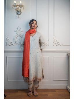 SIARA WOMEN - Ivory Linen Embellished/Sequined Kurta and Pant