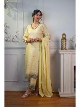 SIARA WOMEN - Yellow Linen Embellished/Sequined Kurta and Pant with Dupatta