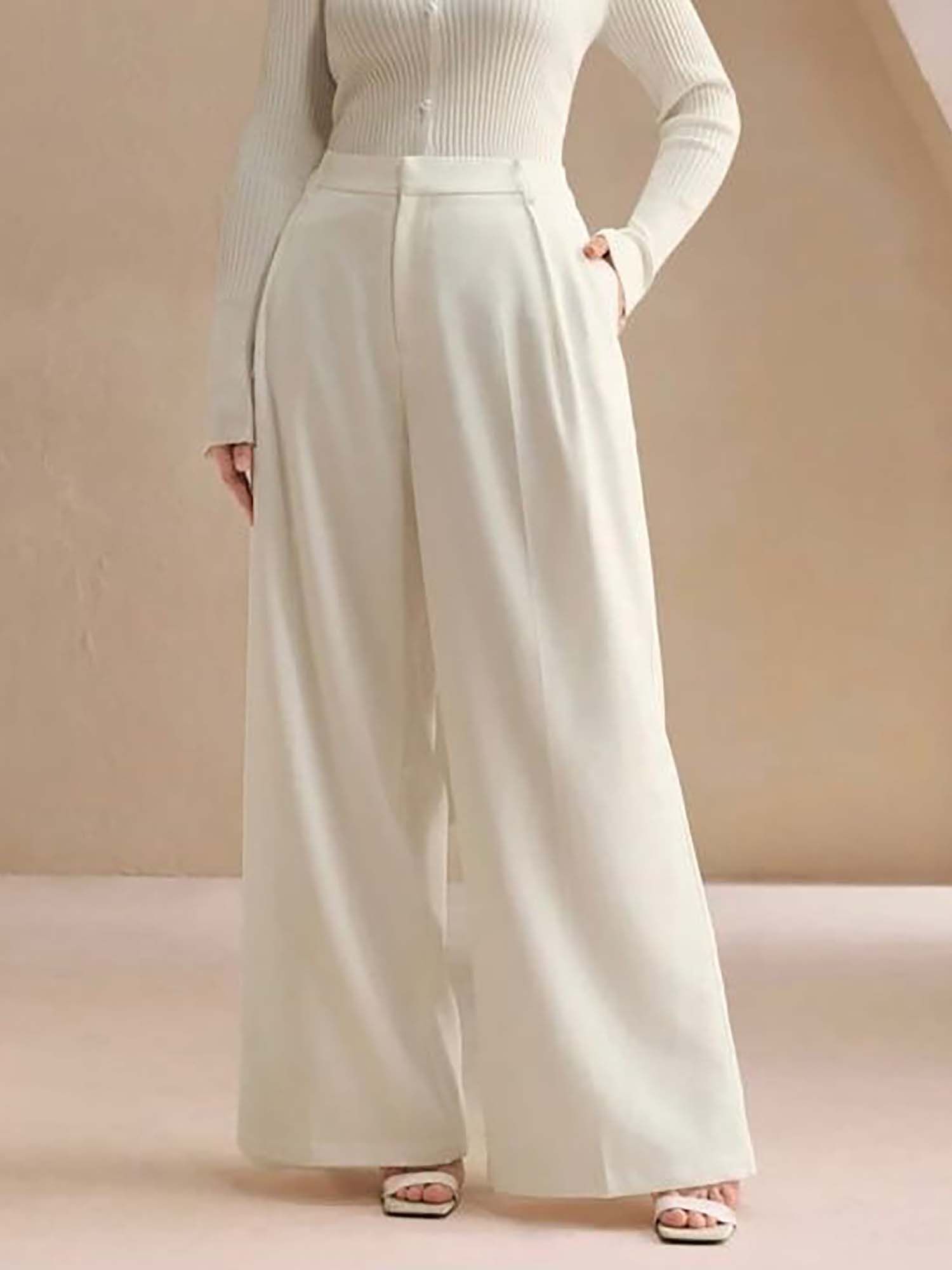 broadstar Women Off White Pleated Korean Trousers-picture-16