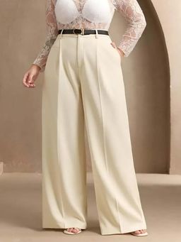 BROADSTAR - Women Beige High-Rise Straight Fit Korean Pants