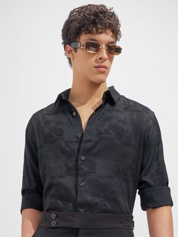 HIGHLANDER - Men Black Viscose Rayon Slim Fit Shirt