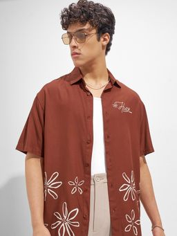HIGHLANDER - Men Brown Viscose Rayon Relaxed Fit Shirt