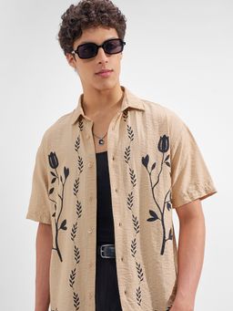 HIGHLANDER - Men Beige Viscose Rayon Relaxed Fit Shirt