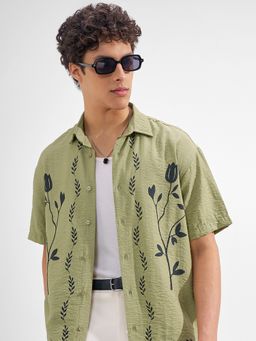 HIGHLANDER - Men Olive Viscose Rayon Relaxed Fit Shirt