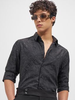 HIGHLANDER - Men Black Viscose Rayon Slim Fit Shirt
