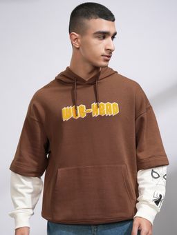 HIGHLANDER - Men Brown Cotton Blend Oversized Fit Hoodie