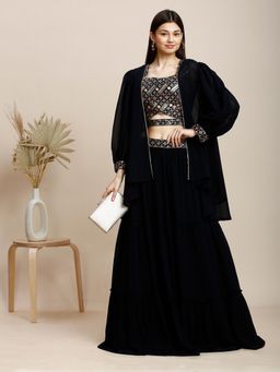 MADHURAM - Black Embroidered Lehenga with Choli and Shrug
