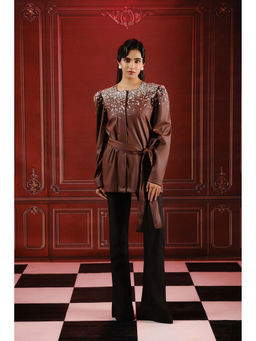SAKSHI G CHAWLA - Nuv Brown Embellished Coat
