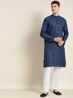 SOJANYA - Men Cotton Blend Navy Blue Printed Kurta with White Churidar Pyjama (Set of 2)