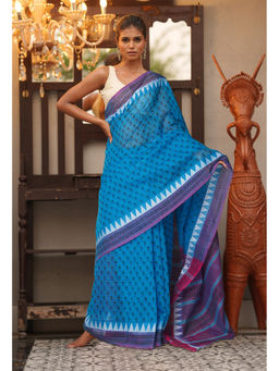 Unnati Silks - Blue Floral Pure Hand Block Printed Mangalgiri Cotton Saree with Unstitched Blouse