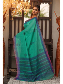 Unnati Silks - Green Floral Pure Hand Block Printed Mangalgiri Cotton Saree with Unstitched Blouse