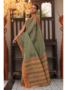 Unnati Silks - Green Checks Hand Block Printed Mangalgiri Cotton Saree with Unstitched Blouse