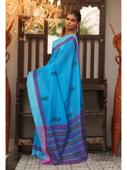Unnati Silks - Blue Floral Pure Hand Block Printed Mangalgiri Cotton Saree with Unstitched Blouse