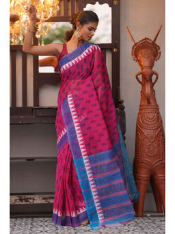 Unnati Silks - Pink Pure Hand Block Printed Mangalgiri Cotton Saree with Unstitched Blouse