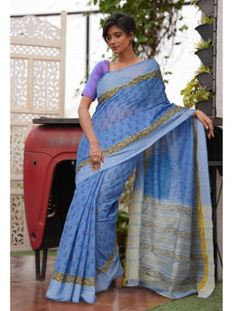 Unnati Silks - Light Blue Floral Hand Block Printed Mangalgiri Cotton Saree with Unstitched Blouse
