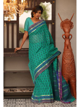 Unnati Silks - Green Floral Pure Hand Block Printed Mangalgiri Cotton Saree with Unstitched Blouse