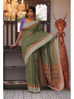 Unnati Silks - Green Pure Hand Block Printed Mangalgiri Cotton Saree with Unstitched Blouse