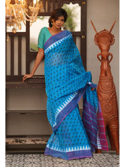 Unnati Silks - Blue Floral Pure Hand Block Printed Mangalgiri Cotton Saree with Unstitched Blouse